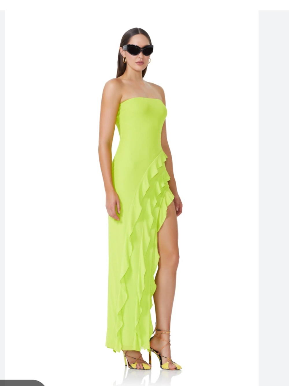 AFRM Neon Lime Strapless Ruffle Maxi Dress stretch slit dress Siobhan S